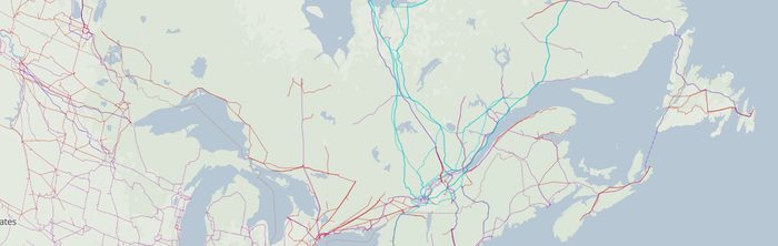 Cross-section of transmission grid map, eastern Canada and northeast US